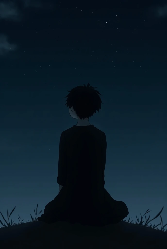 Anime , teen boy , in despair , wants to die , emotionless smile , in night  , black dress , looking at sky , sitting