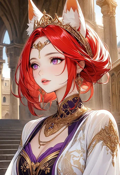 "A beautiful young kitsune with long, silky red hair, cascading elegantly around her heart-shaped face with refined, delicate European features reminiscent of French origin. Her almond-shaped, dark tourmaline eyes shine expressively, paired with a small, d...