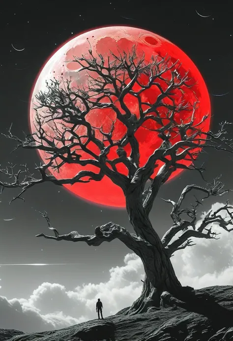 surreal theme, anime style, white fleecy hill, sprawling black and white tree, red neon moon in white and gray sky, max details, dynamic, great lighting, perfect shading, atmospheric, best quality, sharp focus, high contrast, stylized, clear, surreal, ultr...