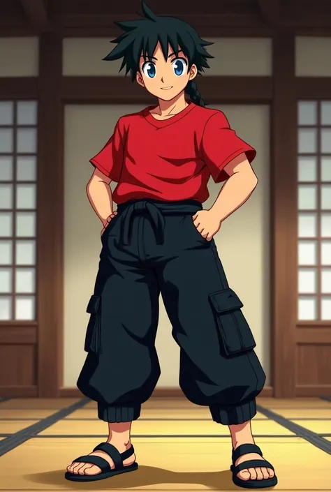 Ranma Saotome strong man anime smiling blue eyes black hair with a braid back down red t-shirt black cargo pants black sneakers standing in the dojo full body anime style 