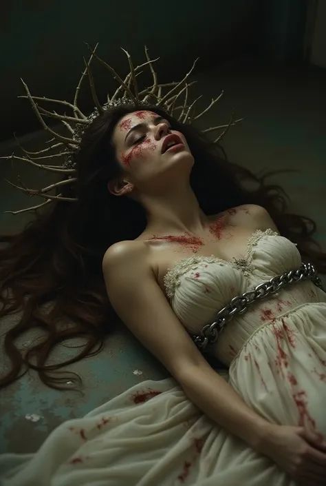 Beautiful woman chained to the ground. Beautiful white thorn dress, smeared make up, woman crying. Woman with long brown hair.  Dirty floor.  Woman with thorns crown. Blood on dress. 