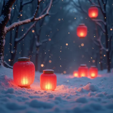 On a snowy night covered in silver, strings of red lanterns float in mid air, bringing a touch of warmth to the cold night. Snowflakes slowly fall in the light of the lantern, contrasting with the warm glow of the lantern, creating a warm and peaceful atmo...