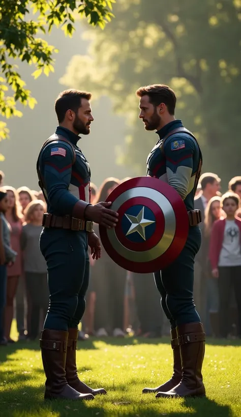 Capture an emotional full-body shot of Captain America in his classic uniform, handing the shield to Sam Wilson in a public park. Steve Rogers, with a solemn and respectful expression, holds out the shield, while Sam Wilson, visibly moved, accepts it with ...