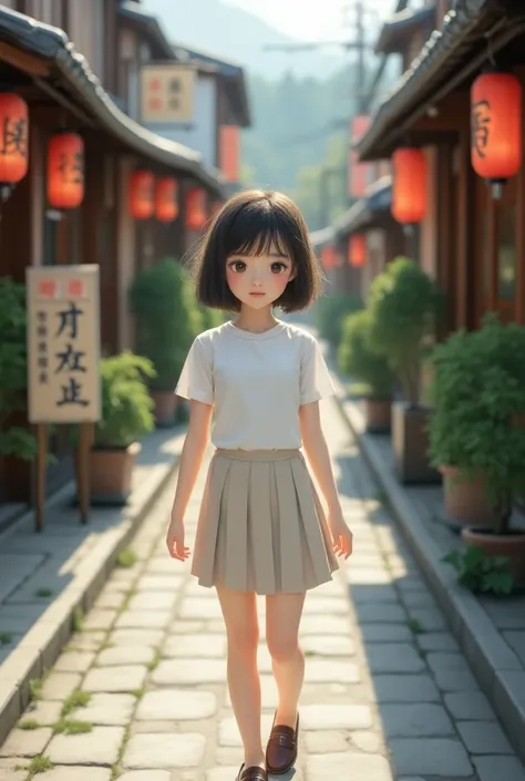 photorealistic, asian girl, white short sleeve blouse, mini skirt, loafers, japanese town backround