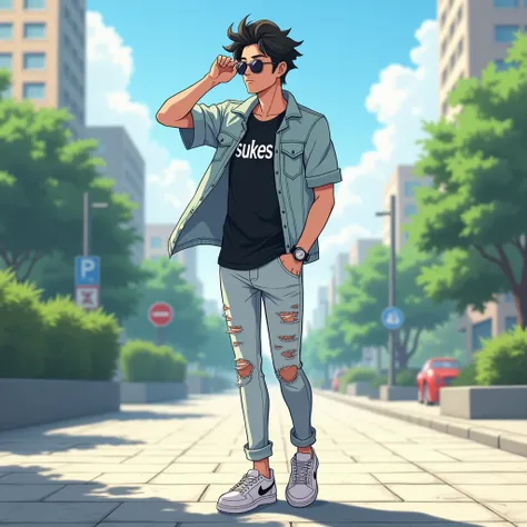 Create a anime style landscape Image is a full-body portrait of a young man standing outdoors on a paved surface with a backdrop of urban buildings and greenery. He has light skin and styled, black style hair. He is wearing sunglasses and a casual outfit c...