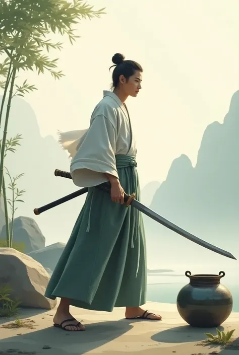 A Japanese swordsman with a waksashi and a pot with a wooden handle