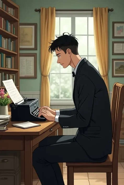 A skinny man, 48 años,  with short black hair , barba, patilla y bigote negro. white skin, formal wear, gafas redondas.  Sitting at a desk in his house using his typewriter.  He is a novel writer and architect .  Anime-like drawing in the style of Hayao Mi...