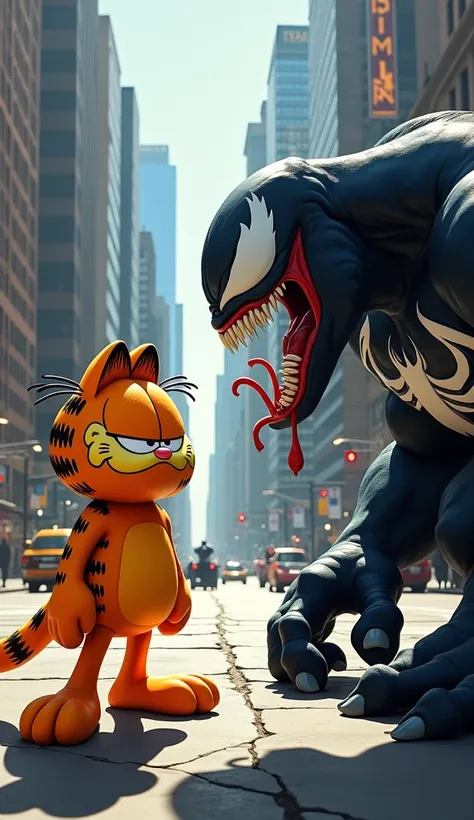 Create an image of Garfield facing Venon , Theyre full-bodied ,  they are in the middle of the street surrounded by tall and bright buildings, ultra realistic 8k image , cartoon