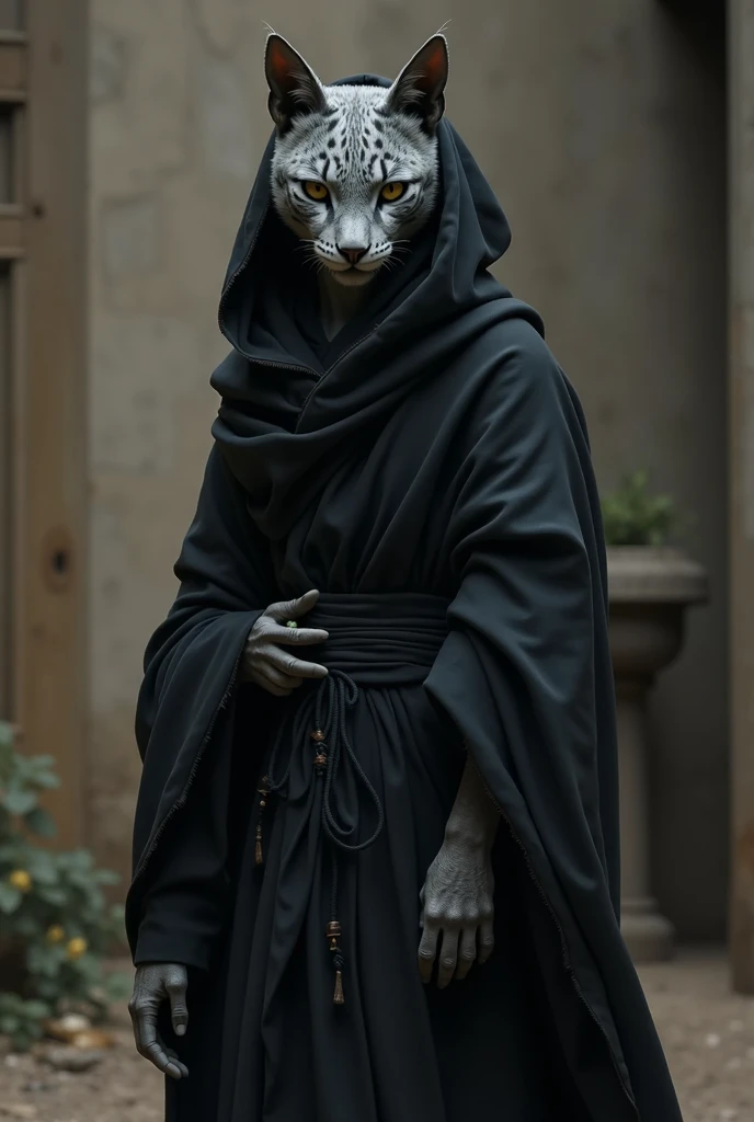 Humanoid black monk cat with gray spots