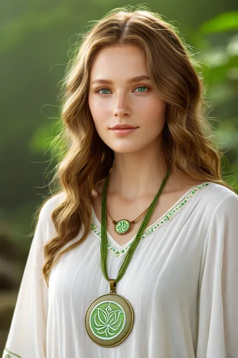  Livia has a calm and serene aura ,  with light brown hair that falls in waves over her shoulders.  Her eyes are soft green ,  and her face conveys kindness and compassion .  She wears a patched white tunic ,  with the symbol of her goddess , Eldath  ( god...