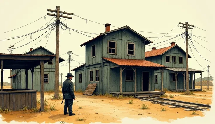 A man with several days worth of stubble, wearing a wide-brimmed hat and a worn black canvas suit, waiting for a train under a shelter. An abandoned settlement with two-story houses, rusty roofs, and broken window panes. The houses look like crates for sto...