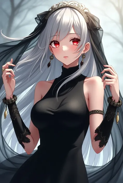 Fantasy anime style, adult woman, long white hair , side bangs, red eyes, sleeveless black dress with high collar, bracelete,long earrings and a black veil