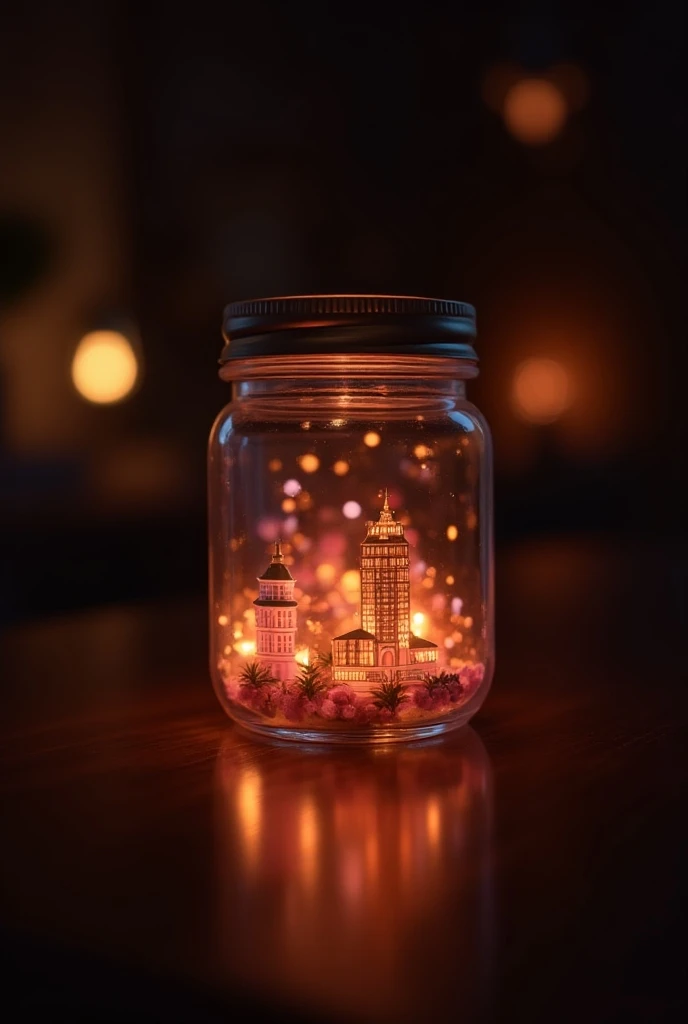 A glass jar containing a miniature illustration from the film The Grand Budapest Hotel glows in faint orange and pink light. The dark background is illuminated by soft, warm lights. High-resolution photography, incredibly detailed, fine details, ultra-real...