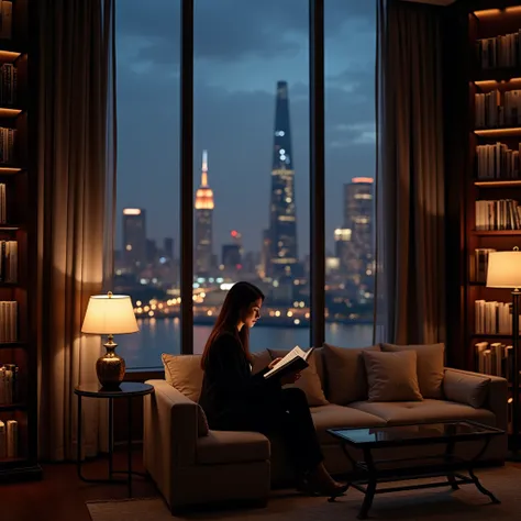 A sophisticated female financial advisor enjoying a quiet evening in a grand penthouse library, with tall windows showcasing a city skyline at night. She’s reading an investment book with soft lighting enhancing the elegant setting. Created Using: architec...