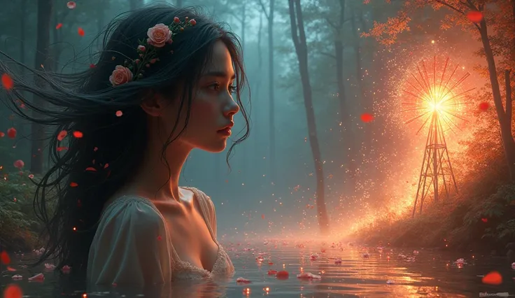 
 The temporary magic of wood , rose,  Beautiful glowing details ,  Beautiful long and messy hair , ,  The disappearance of the effect of condensation , Glowing hearts ,  Where the soul returns ,  Heaven and nightmare ,  The hope of the dream of the surfac...