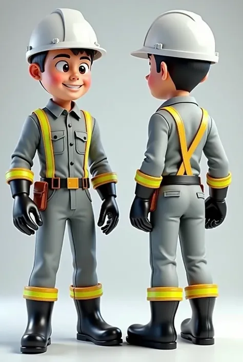  Create a simple illustration of an occupational safety cartoon character  ( dressed in a helmet and safety uniform ), viewed from the front and back .  The style should be minimalist ,  with clear divisions in the main areas of the body  (head, Chest, abd...