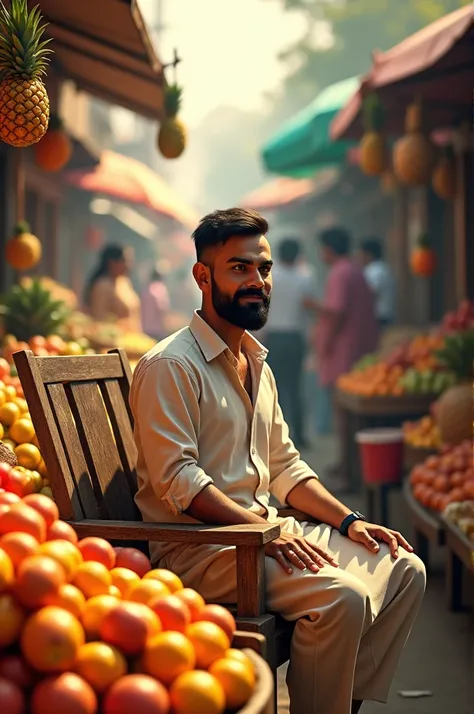 Virat Kohli sitting on a wooden chairs wearing shirt and lungii selling different types of fruits in a market  on a sunny day