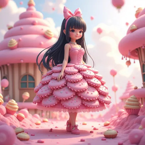    in enchanted cupcake dress, Pink tons, Black hair with bow ,  in the background cupcake house with candy , in the form of a drawing, 3D effect