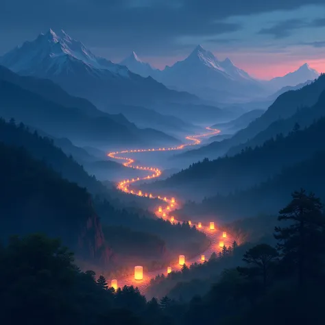 Amidst the mountains, lanterns float in the valleys like sparks, illuminating the winding mountain paths. The mountain breeze blows gently, and the light and shadow of lanterns dance in the mountains, complementing the distant starlight and showcasing the ...