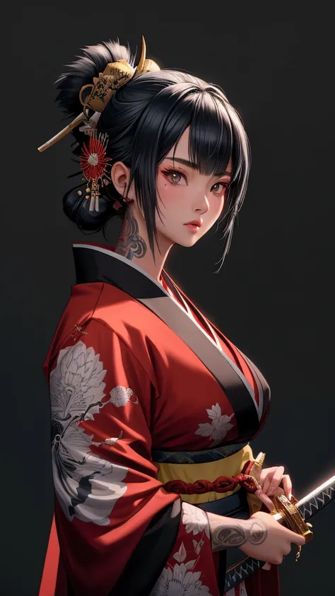  high resolution , masterpiece,  best quality,  super detailed,  OctaneRender 8K, anime, A young Asian woman with tattoos and a samurai sword,  beautiful face , She is wearing a short kimono