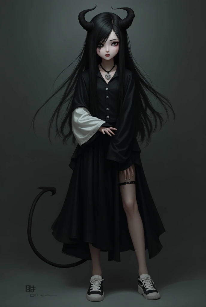 Imajen girl, pale skin, long black hair with demon horns and demons tail, one black eye and the other white with a smile, a black shirt with black and white sleeves with a black skirt and white shoes. 