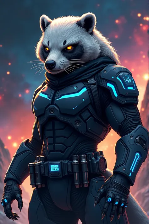 " Anthropomorphic honey badger with gray fur and metallic reflections, intense yellow eyes.  Black space armor with blue neon details ,  belt with plasma weapons ,  gloves with metal claws ,  snout scar . Stellar background ."

In anime style 
