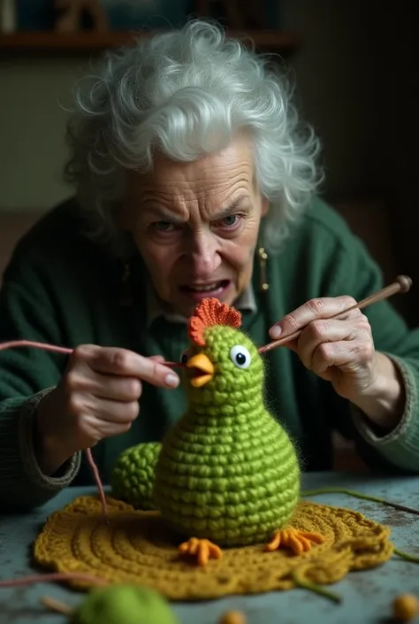 a angry old woman that loves crocheting killing a green chicken that has a human face