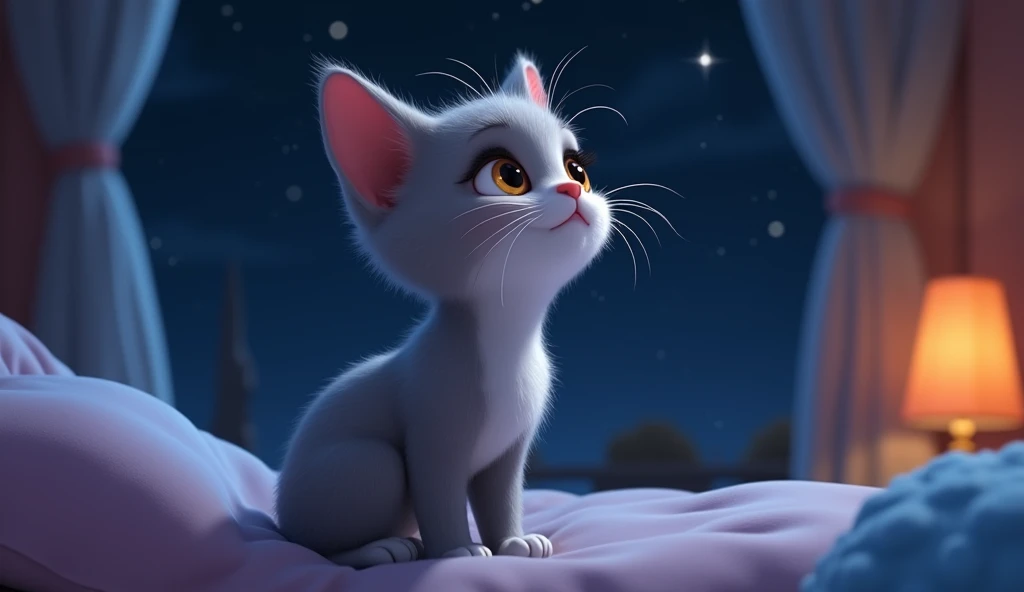 Mel, a beautiful kitten with bright brown eyes and gray fur, expressive feline features, she is looking at a bright star in the night sky, she is in her room on top of her bed, pixar style