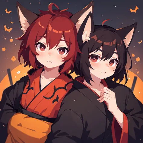 1male, fox male, dark red hair, (black eyes), japanese kimono, dark style, halloween style, portret