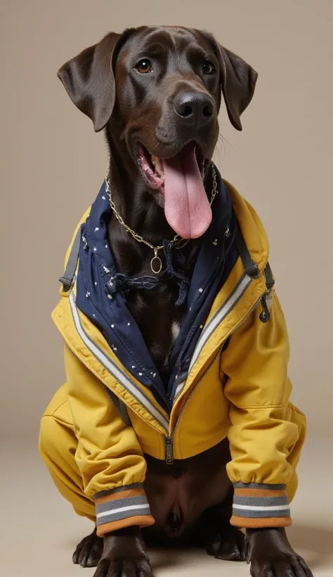  a realistic male Great Dane dog of size 111.8 cm,  clothes called Rodolfo, dressed in funny dog clothes, Happy and contagious scene
