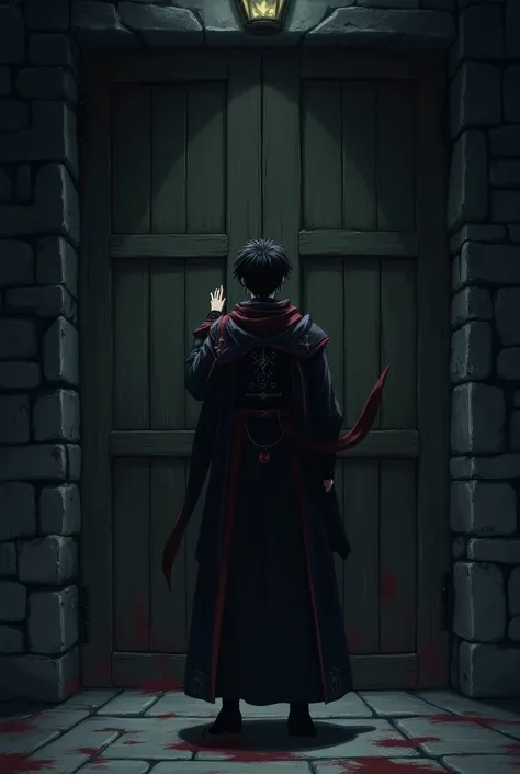 A man with black hair with red eyes in a medieval outfit knocking on a medieval door 
Anime style 