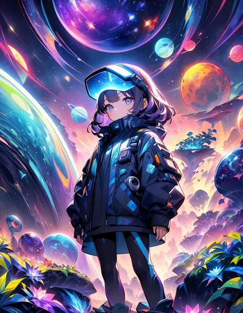 An astronaut girl exploring an alien world beneath a vivid cosmic sky, surrounded by luminous alien plants and surreal rock formations. Her sleek, futuristic space suit reflects faint starlight, while a glowing visor illuminates her face with a soft, myste...