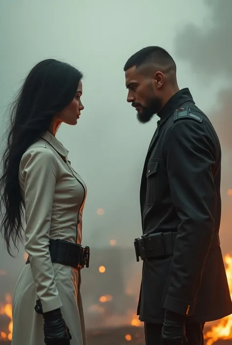  A poster of a warring couple ,  one pointing a gun at the other , they hate each other, And they want to annihilate each other,  behind the scenario is futuristic and apocalyptic . There may be fire ,  a gray sky and smoke .  The woman has long dark hair ...