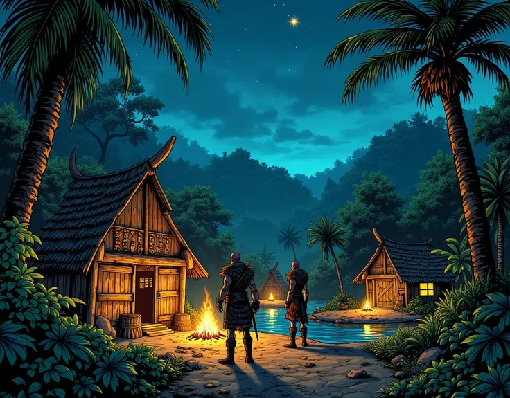 Comics-style image,  image of wooden Viking settlements, 900s , night image, in the amazon jungle 