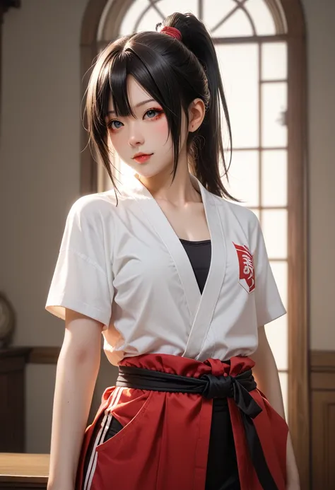 Best Quality、 perfect anatomy、 is very aesthetically pleasing、 absurd、 complicated details、 super detailed illustration,BREAK kunoichi ,Ninja Mask, Ninja Lock Curtain, ninja suit,BREAK cowboy shot,BREAK 18yo,young girl, black hair ponytail、 red mesh、Mid-ch...