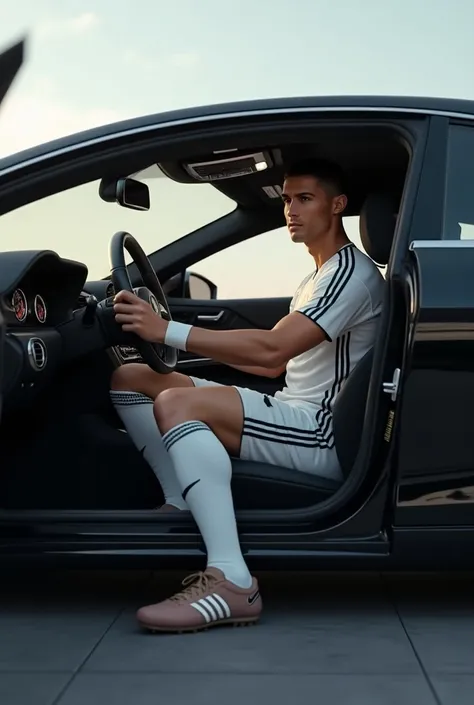 Ronaldo in a football uniform in the drivers seat in a Mercedes-benz cls63,tilted to the right 