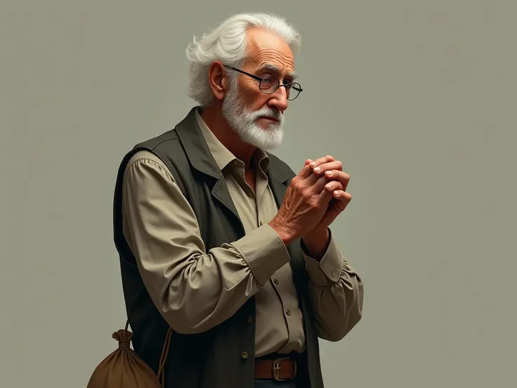 an old man , with the face of ambitious ,  standing and in a side position,  rubbing his hands and looking straight ahead,  with money in his bag 