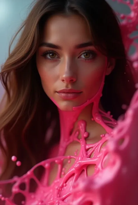 Brunette woman, brown hair and honey eyes, bright pink cream falling on her hair and running over her face, ultra realistic, dramatic and cinematic image, cream is cosmetic, liquid lipstick