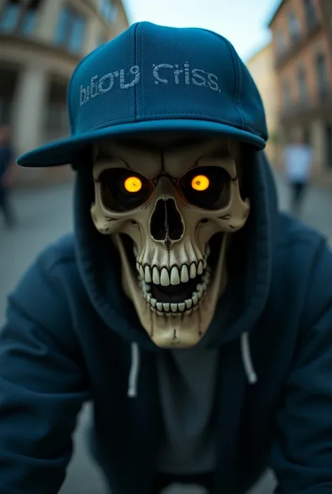 (fish eye) A man with the face of a skull, yellow eyes and who wears a blue rapper cap that has a little hair coming out underneath and on the cap that says BBOY CRISS and who is rapping to the camera 