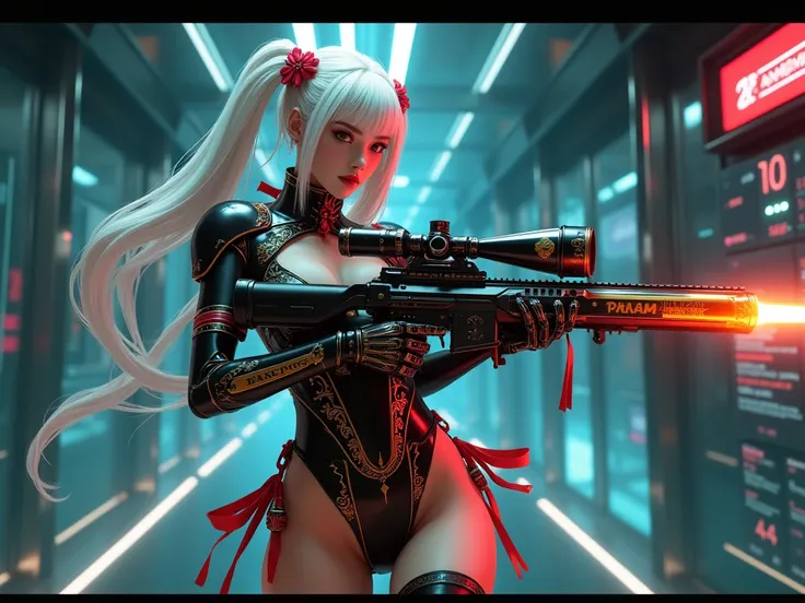 (photorealistic, large-breast ),((((looking at camera)))),a beautiful girl, beautiful korea face, wear pink leather bikini , wielding an enormous gatling gun, Character: dual-colored hair, (white and gold twintails), red flower accessories,Outfit: black an...