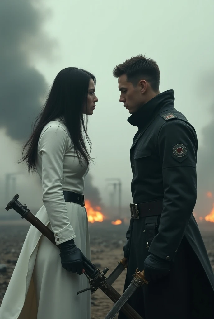  A poster of a warring couple ,  one pointing a gun at the other , they hate each other, And they want to annihilate each other,  behind the scenario is futuristic and apocalyptic . There may be fire ,  a gray sky and smoke .  The woman has long dark hair ...