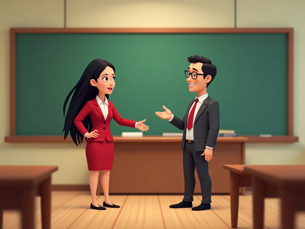 Create a horizontal animated 3d  (about the size of a sheet ) de un salón de clases and frente a la pizarra 2 personas ( a teacher with long black hair , usando un vestido rojo formal con cuello blanco and manga larga, medias and zapatos negros hablando co...