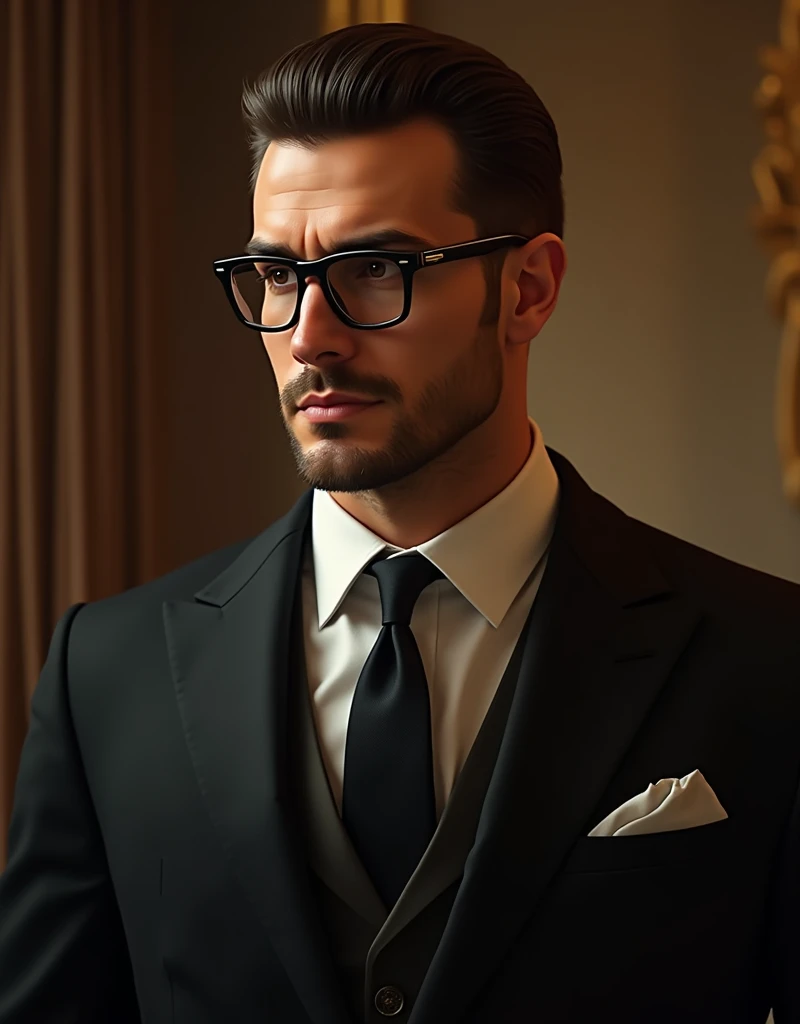 "A portrait of a distinguished, handsome millionaire with a strong, chiseled jawline, dressed in an elegant, dark suit with a subtle hint of luxury. He wears dark glasses typically worn by those who are visually impaired, giving him an air of mystery and d...