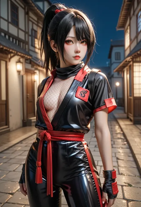 Best Quality、 perfect anatomy、 is very aesthetically pleasing、 absurd、 complicated details、 super detailed illustration,BREAK kunoichi ,ninja mask, Ninja Lock Curtain, ninja suit,BREAK cowboy shot,BREAK 18yo,young girl, black hair ponytail、 red mesh、Mid-ch...