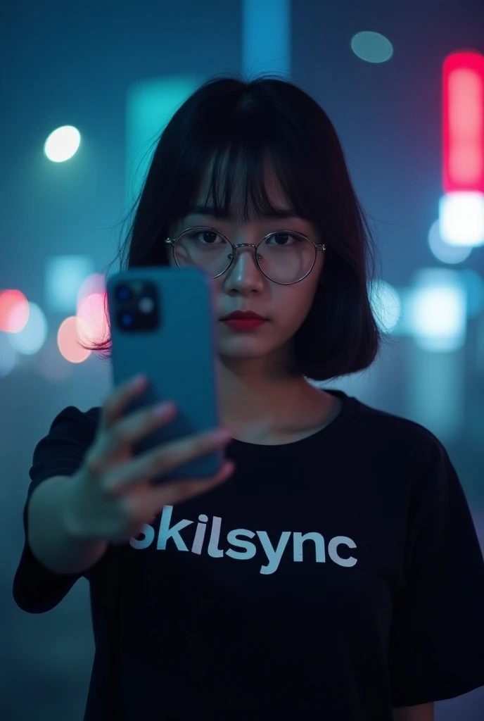 "A photograph of a slightly Korean woman Cyberpunk theme showing her phone a blank screen. Wearing rimless glasses staring intently into the camera stands against a dimly lit background. The woman wears t shirt with Skillsync written on it. In Kohima city ...