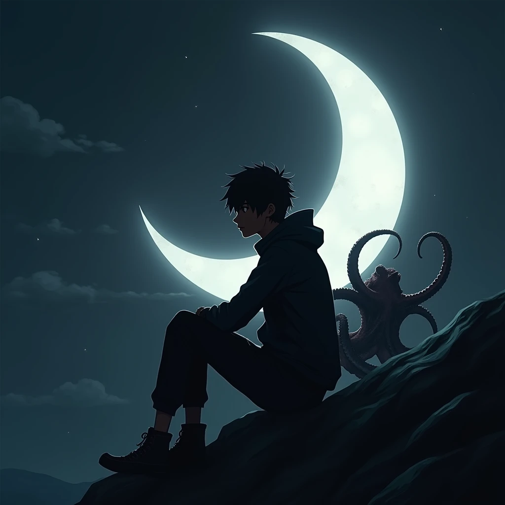 Anime man wearing black hoodie, back is moon, dark atmosphere, sitting on rocks, standing in front of squiggly octopus