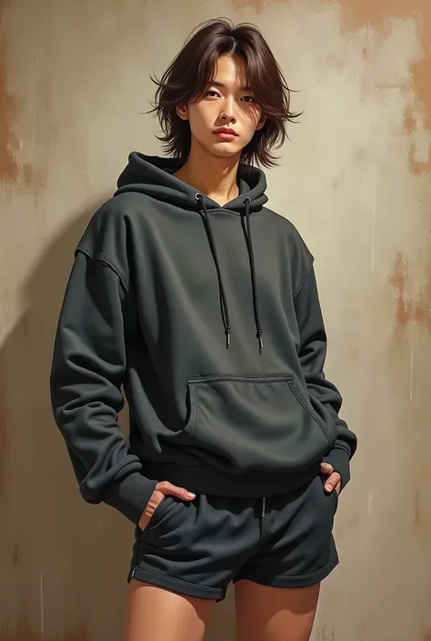 " Realistic oil portrait Manhwa , panel marvel comic ", beautiful boy, Young Asian ,  semi-long brown hair ,  dressed in a large sweatshirt and tight shorts.