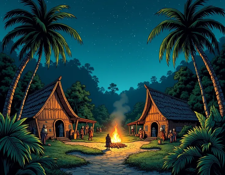 Comics-style image,  image of wooden Viking settlements, 900s , night image, in the amazon jungle 