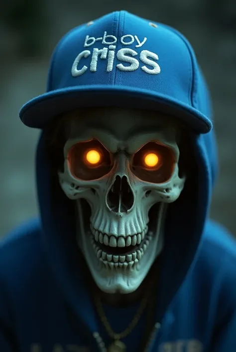 (fish eye) A man with the face of a skull, yellow eyes and who wears a blue rapper cap that has a little hair coming out underneath and on the cap that says BBOY CRISS and who is rapping to the camera 