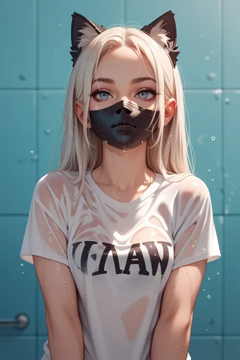 sexy girl with black cat mask and wet t-shirt